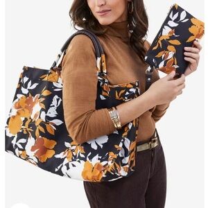 Jessica London Black & Orange Floral Design Tote Bag with Matching Wrislet -NWT